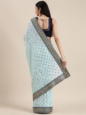 blue blue embellished sequinned saree 3