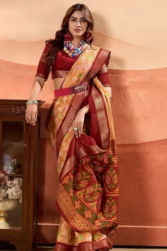 peach ethnic motifs printed woven design zari saree