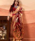 peach ethnic motifs printed woven design zari saree