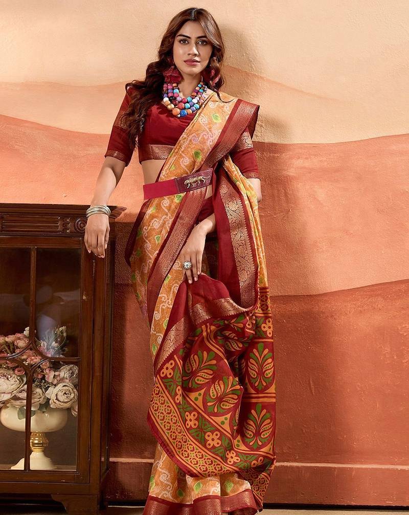 peach ethnic motifs printed woven design zari saree