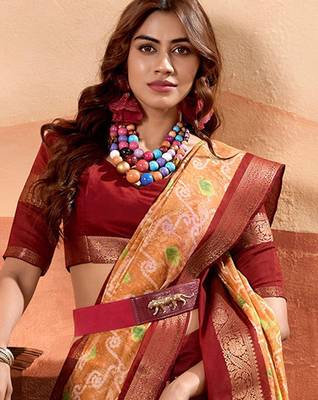 peach ethnic motifs printed woven design zari saree 2