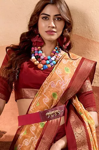 peach ethnic motifs printed woven design zari saree