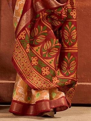 peach ethnic motifs printed woven design zari saree 3
