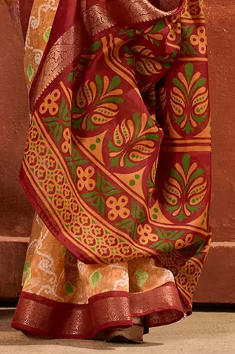 peach ethnic motifs printed woven design zari saree