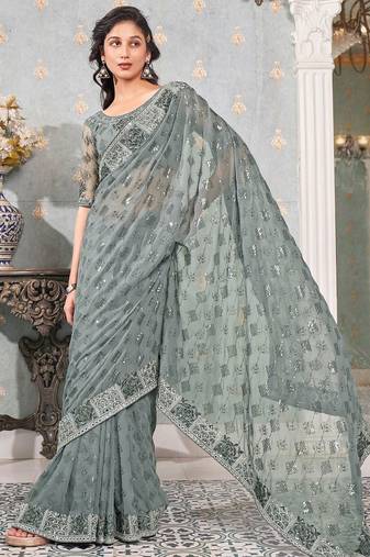 grey embellished sequinned pure georgette heavy work saree