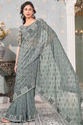 grey embellished sequinned pure georgette heavy work saree