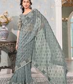grey embellished sequinned pure georgette heavy work saree
