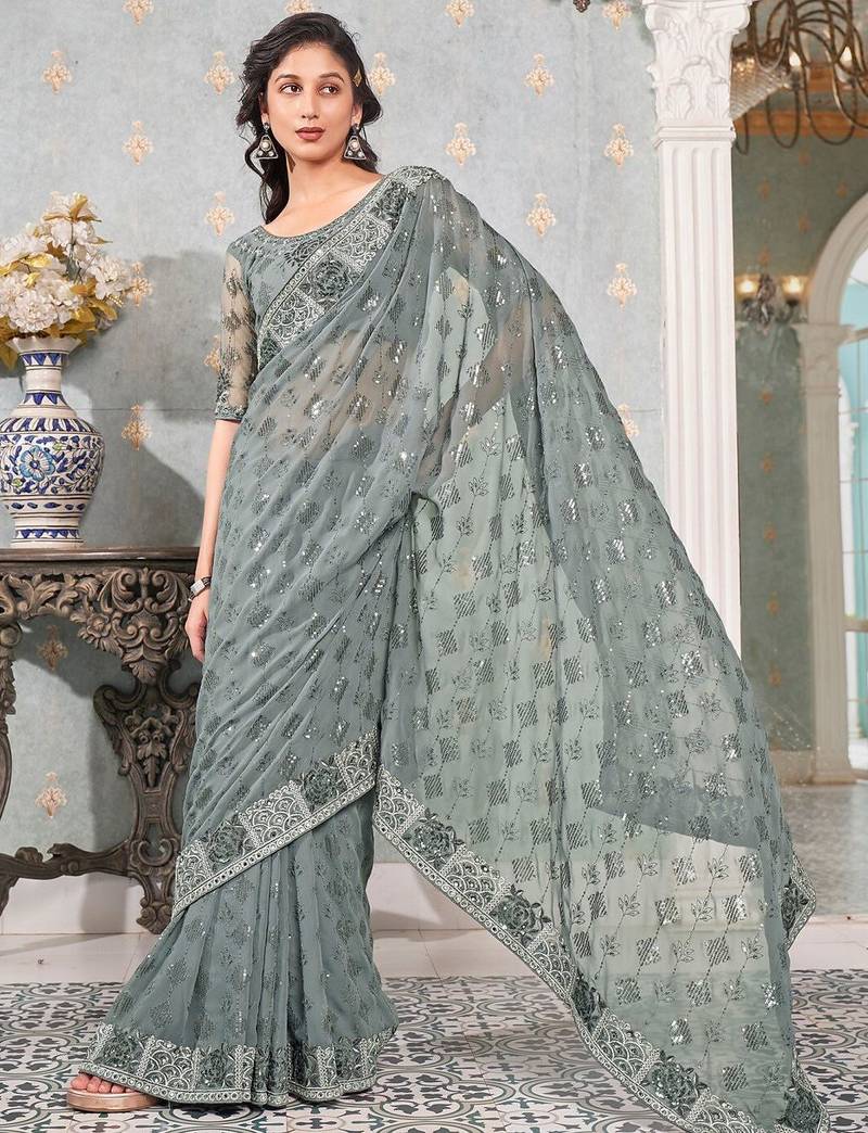 grey embellished sequinned pure georgette heavy work saree