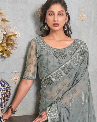 grey embellished sequinned pure georgette heavy work saree 2
