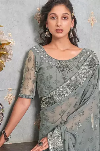 grey embellished sequinned pure georgette heavy work saree