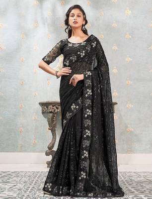 black black & silver-toned embellished sequinned pure georgette saree 1