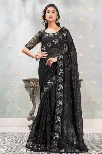 black black & silver-toned embellished sequinned pure georgette saree