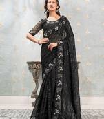 black black & silver-toned embellished sequinned pure georgette saree