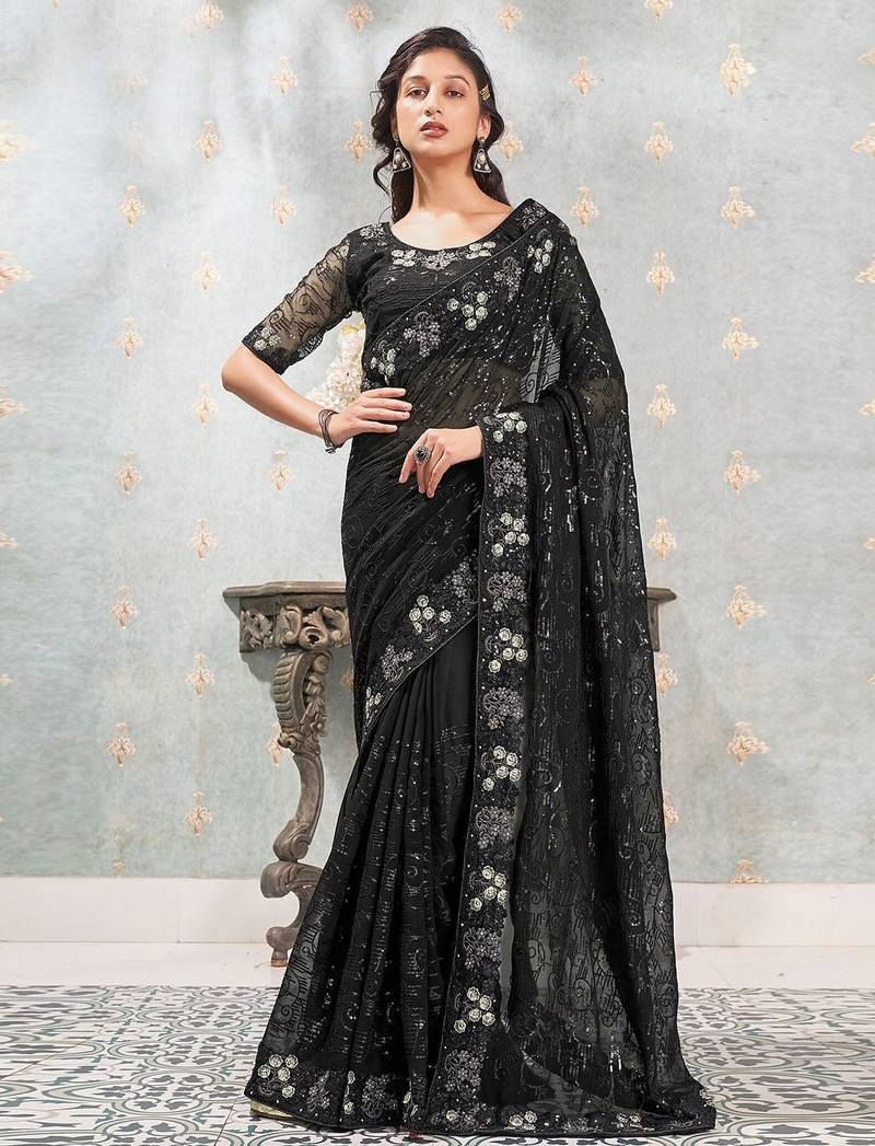 black black & silver-toned embellished sequinned pure georgette saree