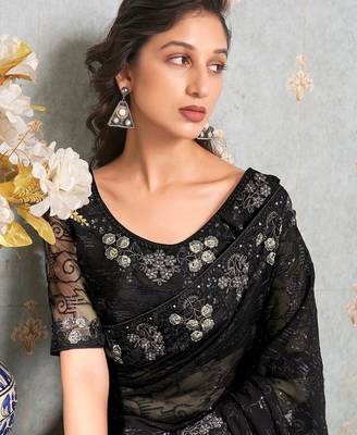 black black & silver-toned embellished sequinned pure georgette saree 2
