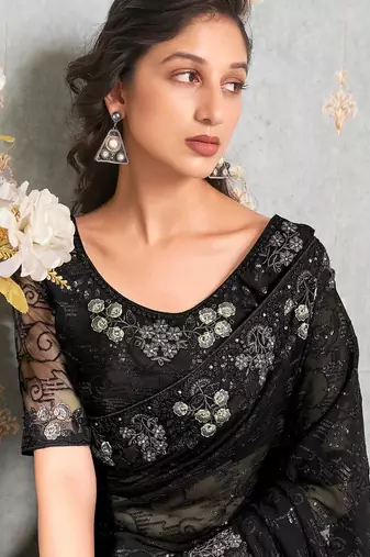 black black & silver-toned embellished sequinned pure georgette saree