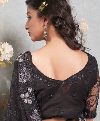 black black & silver-toned embellished sequinned pure georgette saree 3