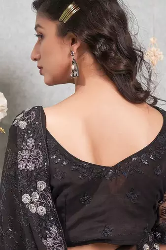 black black & silver-toned embellished sequinned pure georgette saree