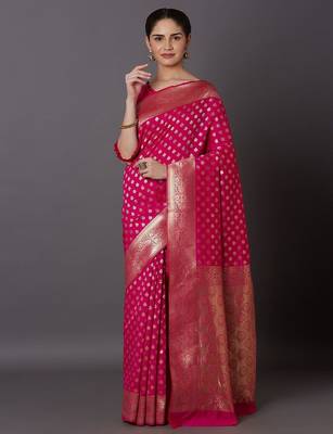 pink pink & gold-toned silk blend woven design kanjeevaram saree 1
