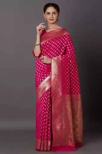 pink pink & gold-toned silk blend woven design kanjeevaram saree