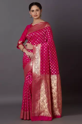 pink pink & gold-toned silk blend woven design kanjeevaram saree