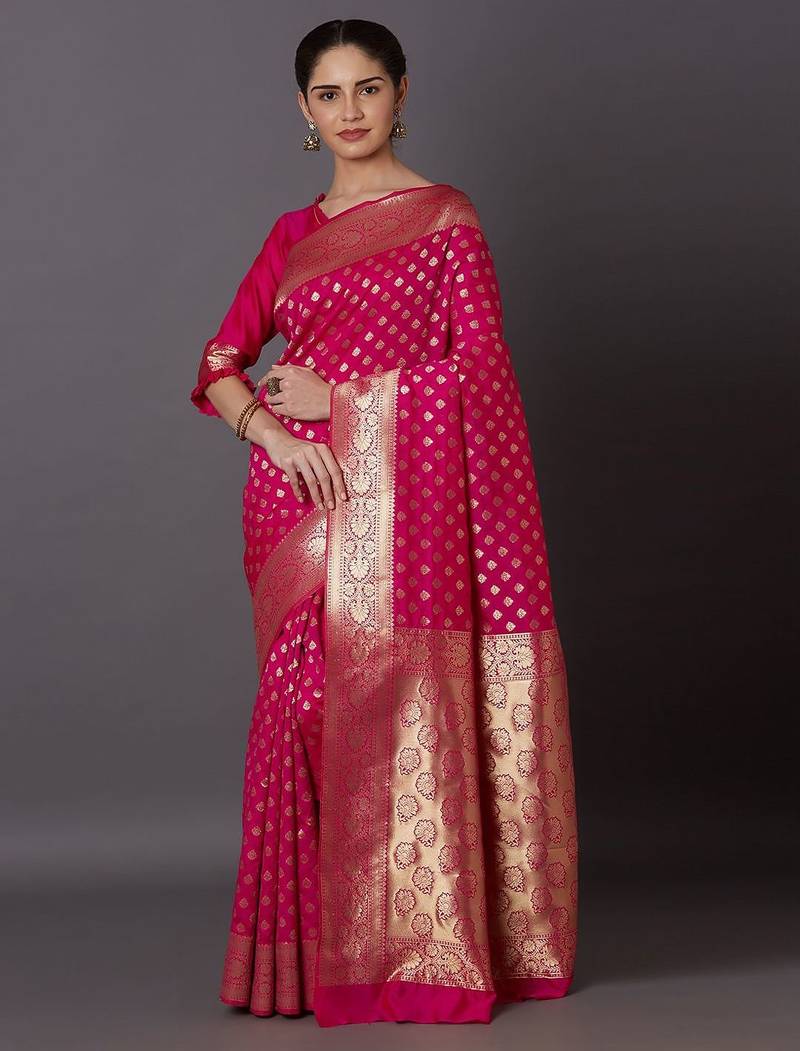 pink pink & gold-toned silk blend woven design kanjeevaram saree