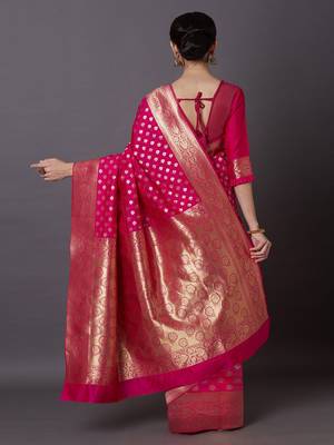 pink pink & gold-toned silk blend woven design kanjeevaram saree 4