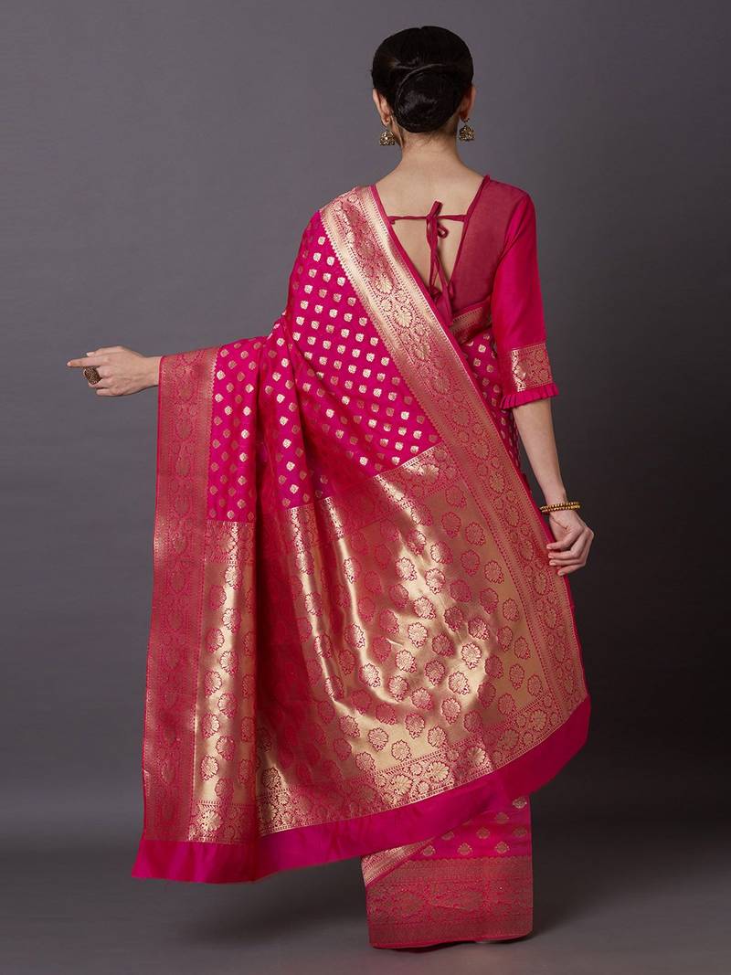 pink pink & gold-toned silk blend woven design kanjeevaram saree