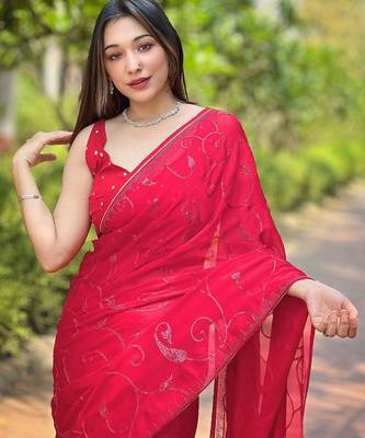 red embroidered sequinned satin saree 1