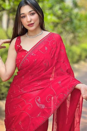 red embroidered sequinned satin saree