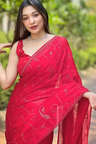 red embroidered sequinned satin saree