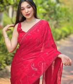 red embroidered sequinned satin saree