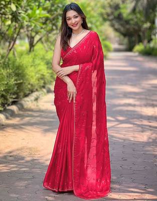 red embroidered sequinned satin saree 2
