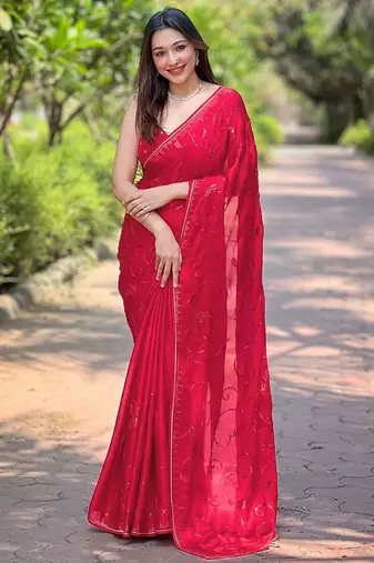 red embroidered sequinned satin saree