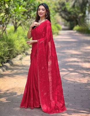 red embroidered sequinned satin saree 3