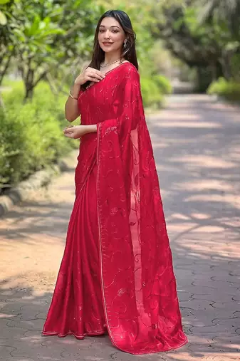 red embroidered sequinned satin saree