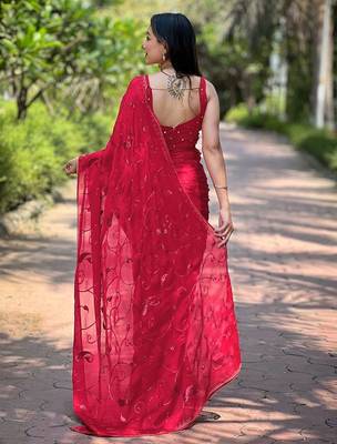 red embroidered sequinned satin saree 4