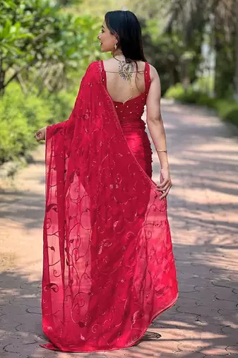 red embroidered sequinned satin saree