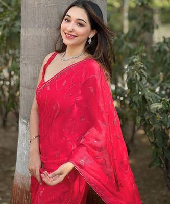 red embroidered sequinned satin saree 5