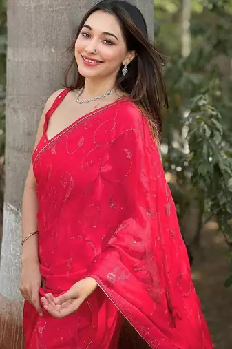 red embroidered sequinned satin saree