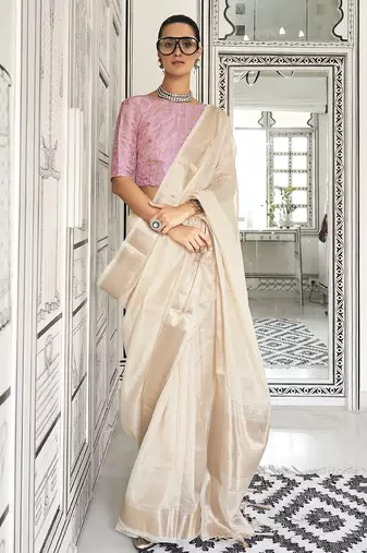 cream striped zari pure chiffon banarasi saree