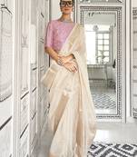 cream striped zari pure chiffon banarasi saree