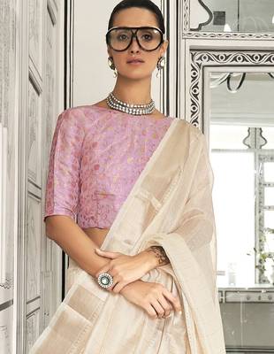 cream striped zari pure chiffon banarasi saree 2