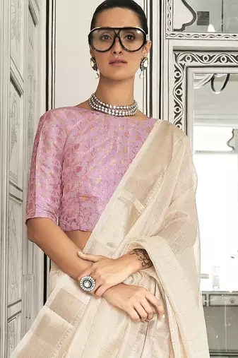 cream striped zari pure chiffon banarasi saree