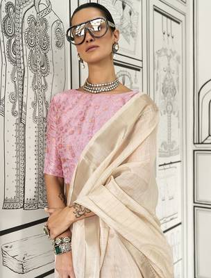 cream striped zari pure chiffon banarasi saree 3