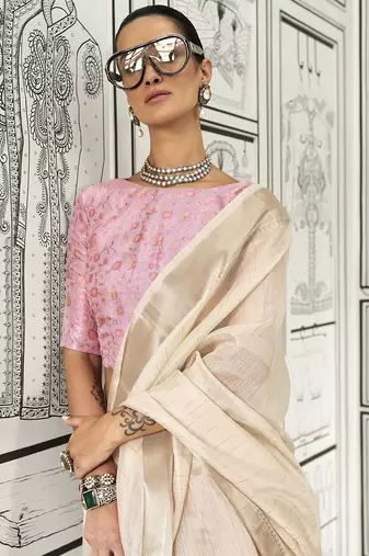 cream striped zari pure chiffon banarasi saree