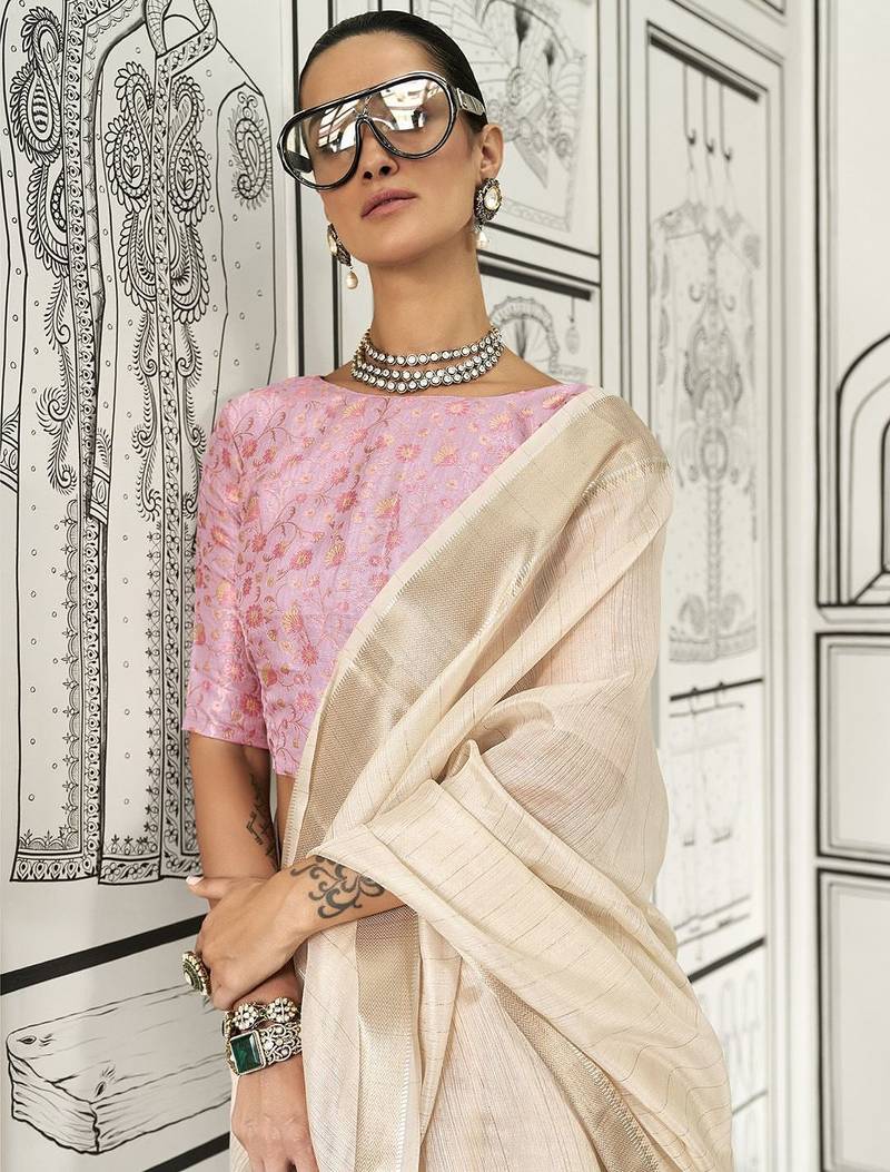 cream striped zari pure chiffon banarasi saree