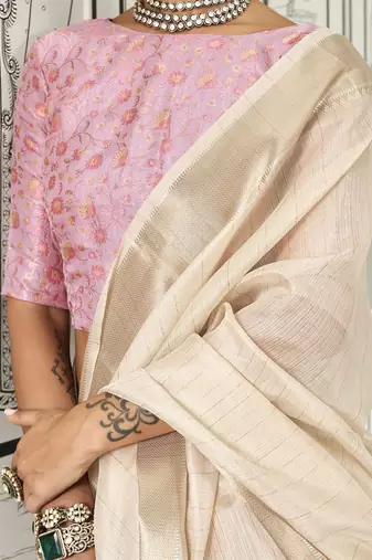 cream striped zari pure chiffon banarasi saree