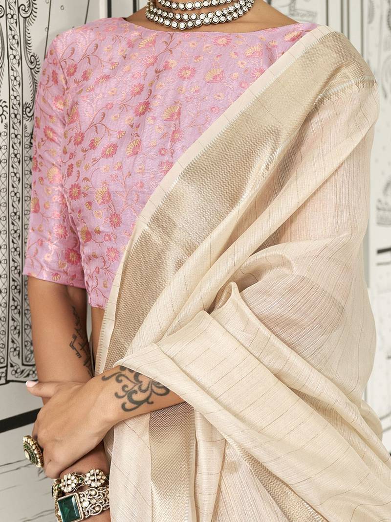 cream striped zari pure chiffon banarasi saree