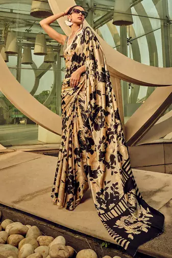 beige geometric printed satin saree